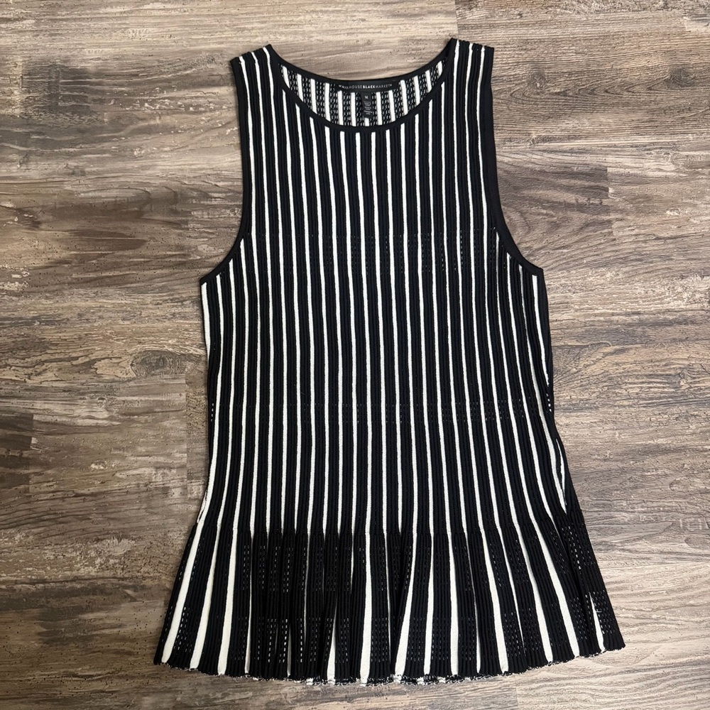 WHBM Women’s Black White Striped Ribbed Peplum Sleeveless Top Size M